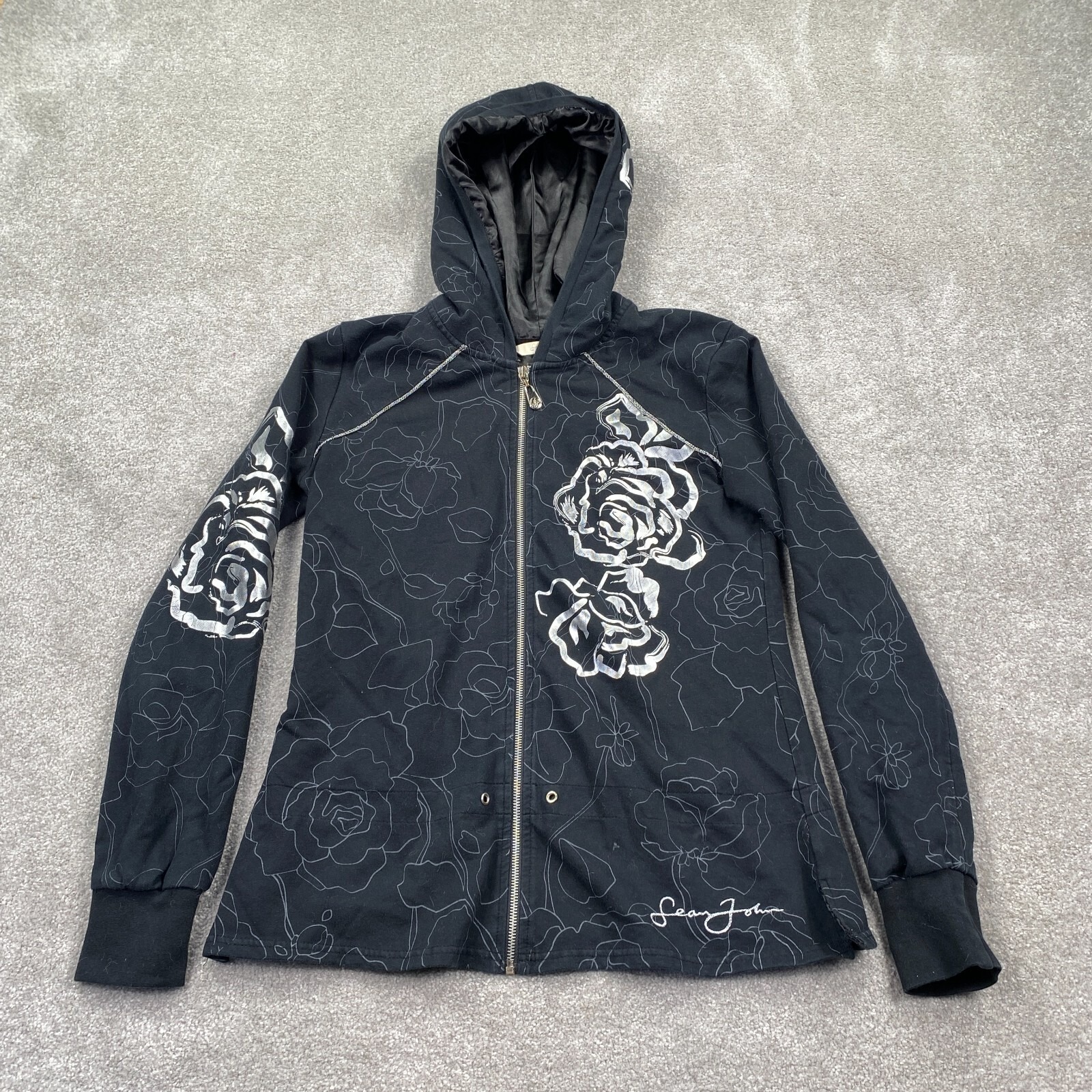 Vtg Y2k Sean John Women's Roses Full Zip Up Hoodies Size L Black Long Sleeves